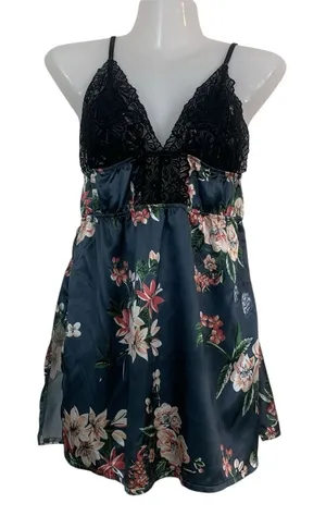 Women's S Dark Floral Nightgown‎ Top Black Lace Trim Cami Y2K Feminine Babydoll thumbnail 1