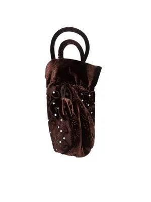 Rich Brown Velvet Drawstring Bucket Bag Ornate Tonal Paisley Rhinestones thumbnail 6