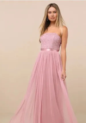 Lulu's Dusty Rose Strapless Sequin Bodice Tulle Gown thumbnail 1