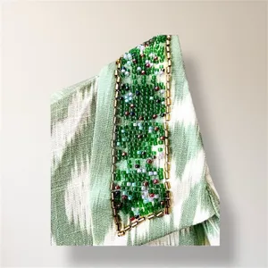 ZARA Green Cream Ikat Oversized Beaded‎ Collar Linen Blend Boho Coastal Shirt XS thumbnail 6