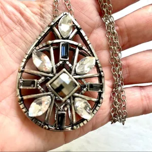 Long silver tone rhinestone pendant necklace thumbnail 8