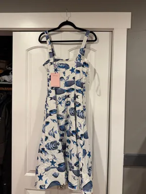 Avec Les Filles Blue & White Seashell Print Midi Dress‎ size 2 nwt thumbnail 5