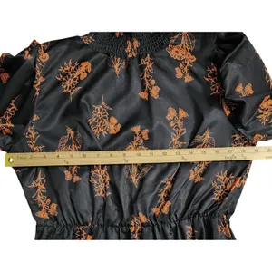 NWT Floerns Womens Cottagecore Dress Black Orange Floral Smocked Mock Neck L thumbnail 6