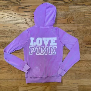 VICTORIAS SECRET PINK Terrycloth Full Zip Hooded Sweatshirt Logo Y2K Purple XS thumbnail 2
