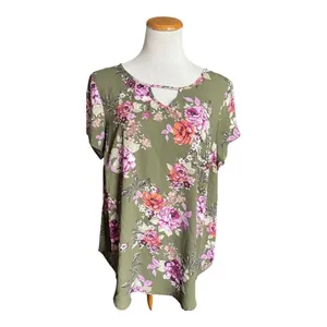 Womens Torrid Georgette Olive Floral Flowy Keyhole Blouse Top - Sz 0 thumbnail 4