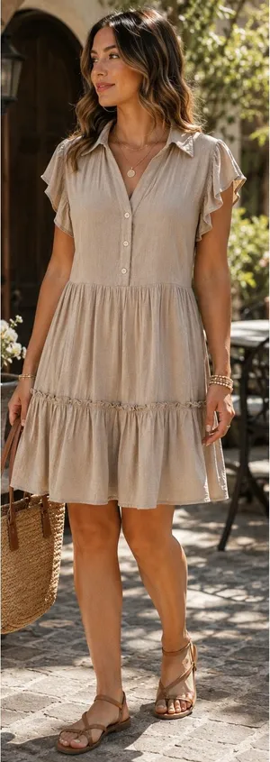 Emma &‎ Michele Shirt Dress Womens Medium Tan Flutter Sleeve Tiered Boho thumbnail 1