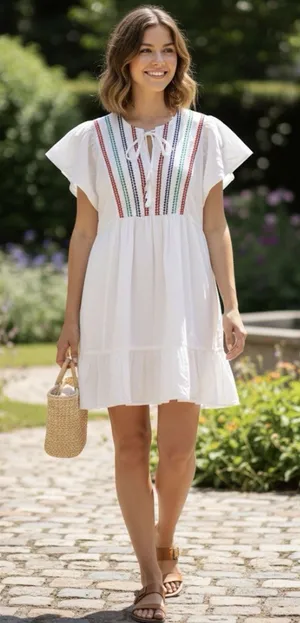 Knox Rose Women’s Dress XL White Multi Color Embroidered Boho Casual Pockets EUC thumbnail 1