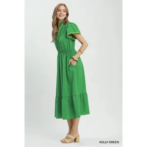 Umgee Contrast Trim‎ Midi Dress with Tiered Ruffle Hem - Kelly Green - Medium thumbnail 2