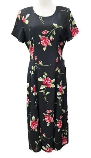 Vintage 90s Dawn Joy Floral Midi Dress Womens 5/6 Black Red Rose Romantic Goth thumbnail 1