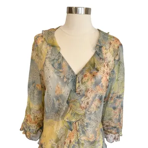 Y2K Silk Floral Ruffle Blouse Fairycore Sheer Top thumbnail 3