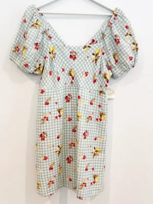 Altard State‎ Aldrin Dress Size L Sage Green Gingham Fruit Puff Mini Coquette thumbnail 1