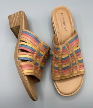 Comfortiva Woven Leather Mules Size 8.5 Huarache Slip on Shoes Heels Butter Mom thumbnail 1