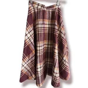 Vintage 70s Plaid Wool Blend Midi Skirt Burgundy Tan A Line AcademiaHeritage thumbnail 4