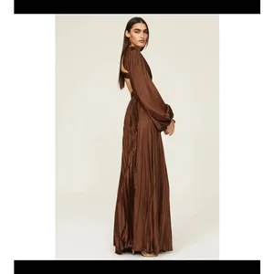 Ieena for Mac Duggal Brown Long Sleeve Pleated Full Skirt Cut Out Sides Gown 6 thumbnail 13