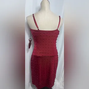 Elegant Red Beaded Dress bodycon party Valentines dark ruby spaghetti strap S thumbnail 7