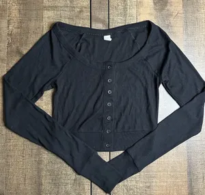 Hollister Black Ribbed Button-Up Long Sleeve Top With Thumb Holes thumbnail 1