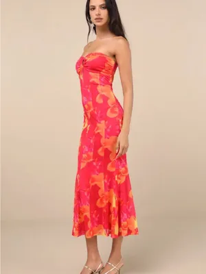 Lulu's Pink & Orange Floral Strapless Twist-Bust Midi Dress thumbnail 3