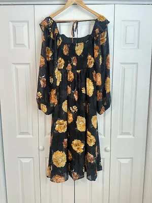 &merci Black Floral Midi Dress - Elegant Gold Rose Print, L thumbnail 6