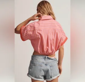 NWT Anthropologie Maeve Monogrammed M Button Down Crop Top Pink Size large thumbnail 2