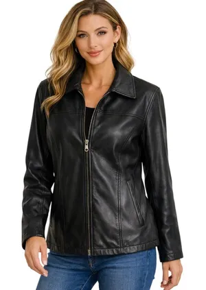 Outbrook Size 1X Vintage Collared Black Leather Zip-Up Jacket Coldwater Creek thumbnail 1