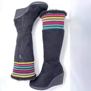 Canyon River Blues Harper Black Rainbow Knit Faux Fur Trim Tall Wedge Boots 8 thumbnail 3