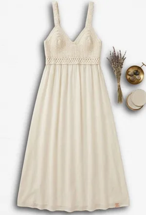 Japan Cream Crochet Knit Bodice Maxi Dress Sleeveless Boho Summer Smocked Back M thumbnail 1