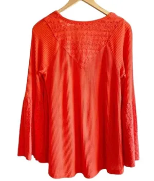 Free People NWT Boho Bell Sleeve Waffle Textured Blouse Orange Parisian Size XS thumbnail 2