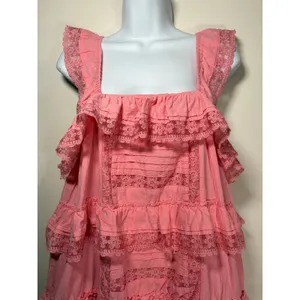 Unbranded Tiered Ruffle Mini Dress Pink Lace Trim Cotton Romper Small thumbnail 2