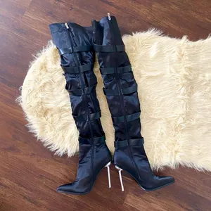 Azalea Wang Make it Last Stiletto Boot Black Silver Belt Clasp Lace Up Size 8.5 thumbnail 5