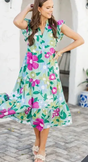 Entro Women’s Beauty Sage Green Floral Midi Dress size small thumbnail 1