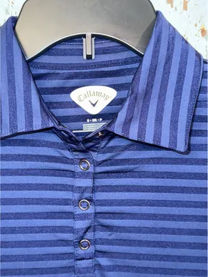 Callaway Polo Shirt Top Snap Button Women’s small Short Sleeve Striped Blue thumbnail 3
