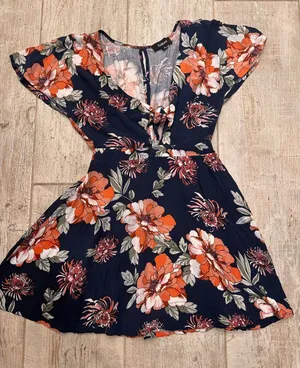 Aakaa Navy Floral Mini Dress with Orange and White Accents Size Small thumbnail 1
