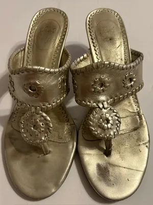 Jack Rogers Metallic Gold Leather Floral Medallion Mules thumbnail 1
