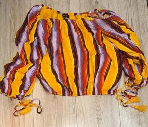 Miss Me Yellow Multi-Stripe Off-Shoulder Blouse long sleeve shirt top thumbnail 1