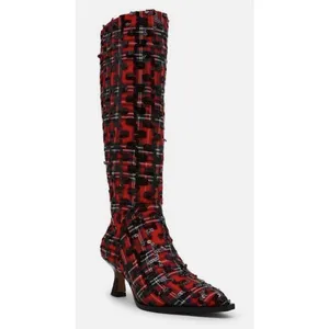 Betsey Johnson Women's Pamella Red/Black Plaid Sequin Knee High Boots Size 7.5 thumbnail 2