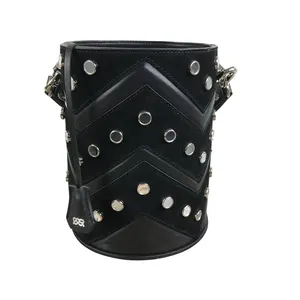 SALAR Italian Leather Studed Bucket Handbag Black Boho Luxury Rare Made In Italy thumbnail 8