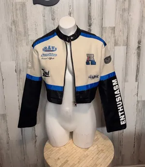 SHEIN Cropped Racing Jacket Womens Small Black Cream Blue Faux Leather Moto Bike thumbnail 1