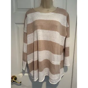 Eileen Fisher Organic Linen Striped Sweater Tan White Large S18SVD Pockets thumbnail 2