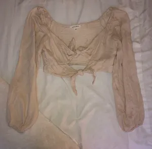 Cotton Candy LA Double Tie Long Balloon Sleeve Cream Crop Top thumbnail 1