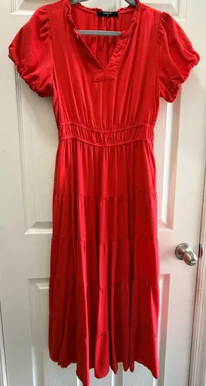 Zesica Tiered Midi Dress Size M Red Smocked Waist V-Neck Flutter Sleeve thumbnail 1