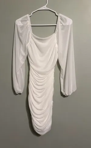White Ruched Long Sleeve Mini Dress thumbnail 1