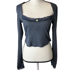 Intimately Free People Blue Ribbed Lace Trim Rosette Square Neck Cropped Top M thumbnail 7