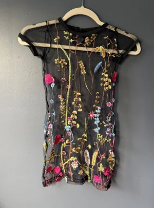 Black Sheer Mesh Top with Colorful Floral Embroidery thumbnail 1