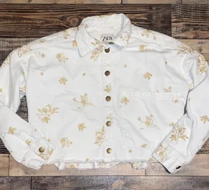 Zara white and Gold metallic Floral Button-Up Denim Jacket thumbnail 1
