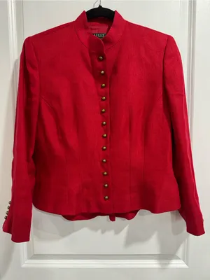LAUREN Ralph Lauren Red Linen Military Jacket Mandarin Collar Brass Buttons Sz 6 thumbnail 2