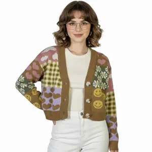 Debut Quirky Patchwork Cropped Cardigan Womens XS Brown Pink Retro Indie Whimsy thumbnail 2