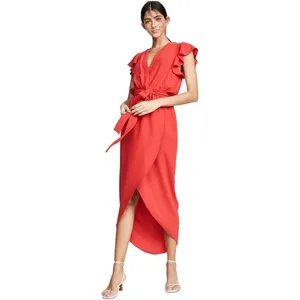 Amanda Uprichard Martinque Red Ruffled Wrap Midi Summer Dress Size Medium USA thumbnail 13