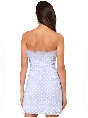Lulu's Sparkly Aura Light Blue Textured Sequin Feather Mini Dress XS thumbnail 4