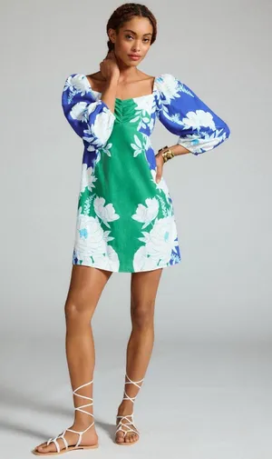 FARM Rio Soft Garden Linen-Blend Mini Dress Size Small Green Blue NWT thumbnail 1