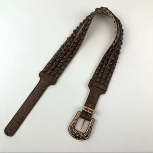 Western Genuine Leather Embossed‎ Studded Belt Vintage Rhinestone Buckle Brown L thumbnail 7